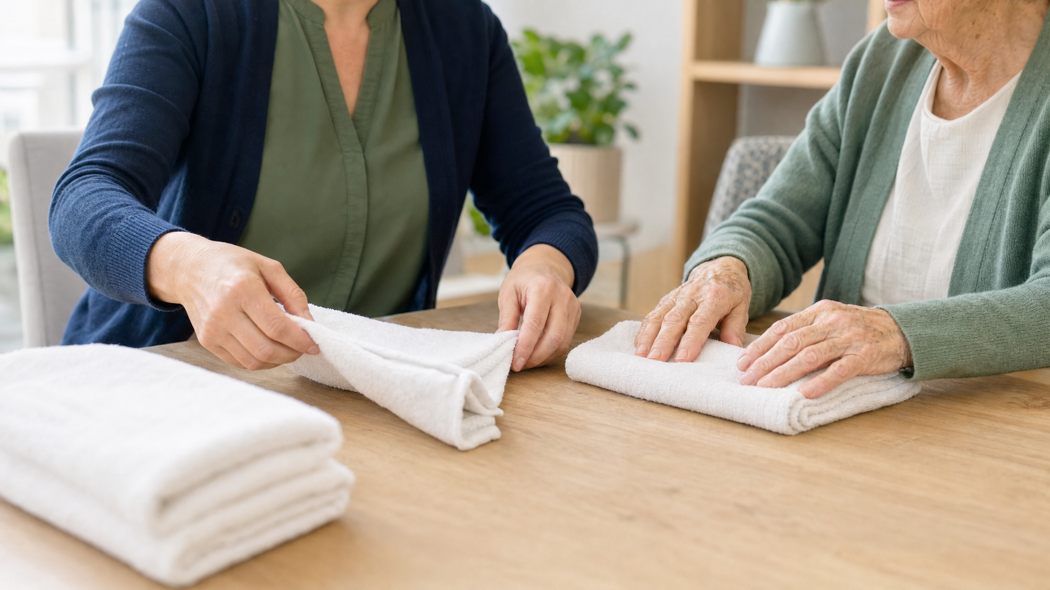 Activity professional and older adult folding towels together in a senior living community