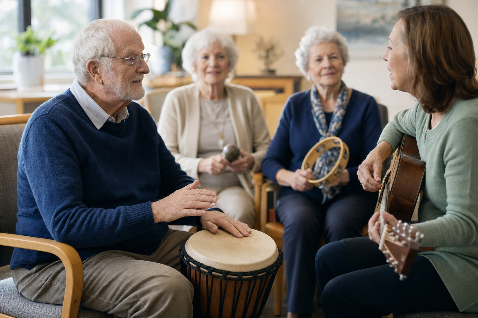 Small senior living music activity with hand drums