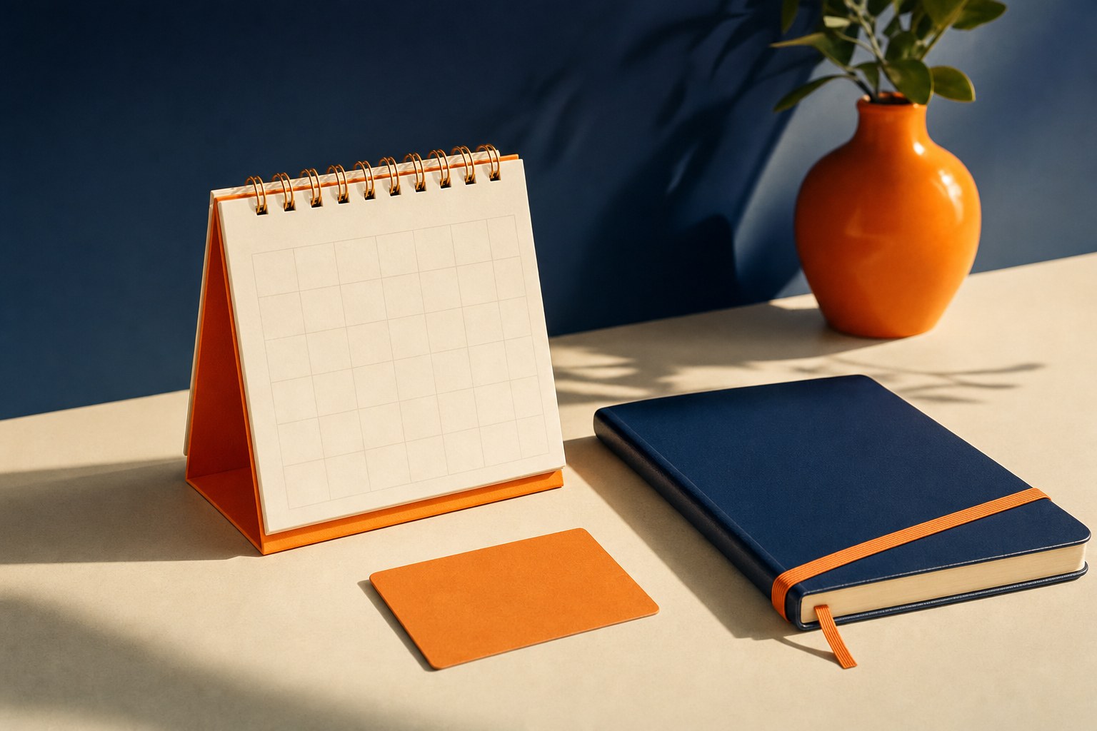 Blank desk calendar beside a navy notebook on a cream desk