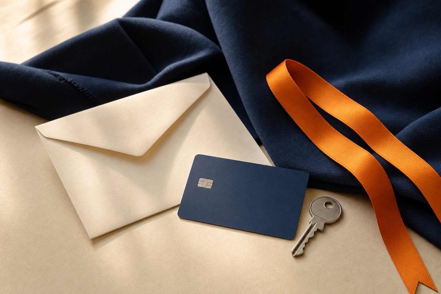 Unbranded card, envelope, and key arranged on cream and navy fabric