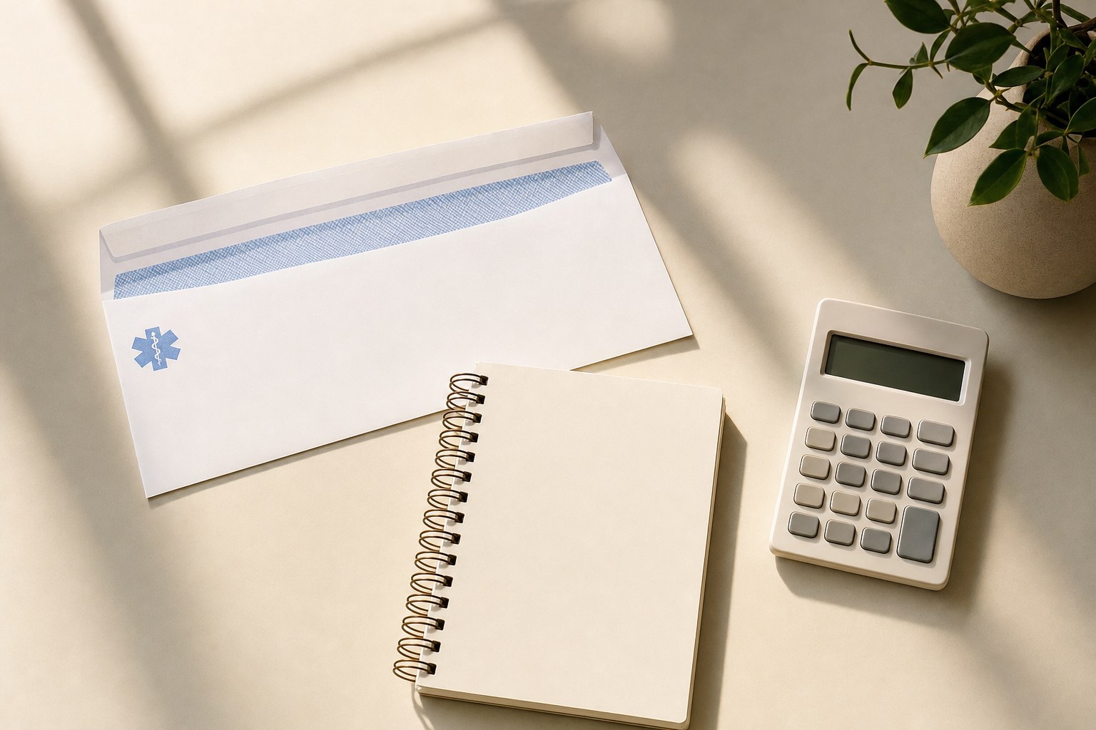 Blank medical envelope, notebook, and calculator on a cream desk