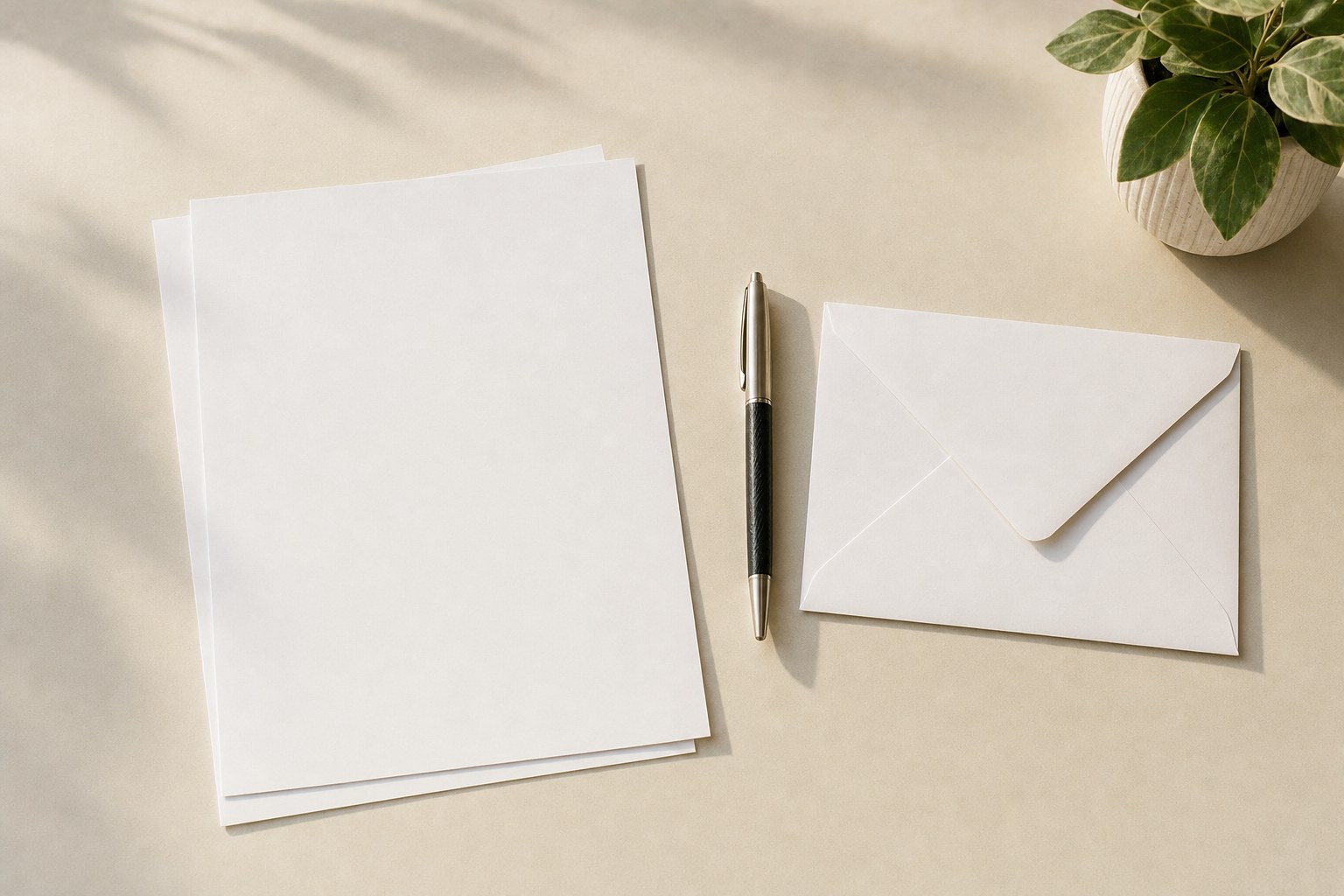 Blank paperwork, envelope, and pen arranged on a cream desk