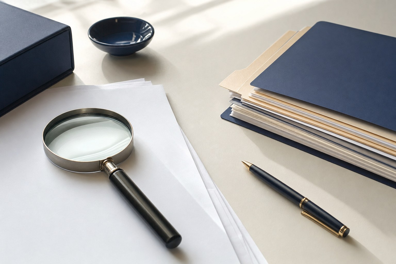 Magnifying glass and organized folders beside blank documents