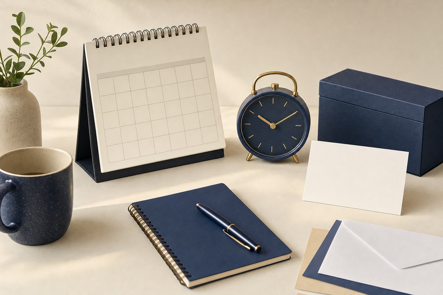 Blank calendar and clock beside navy stationery