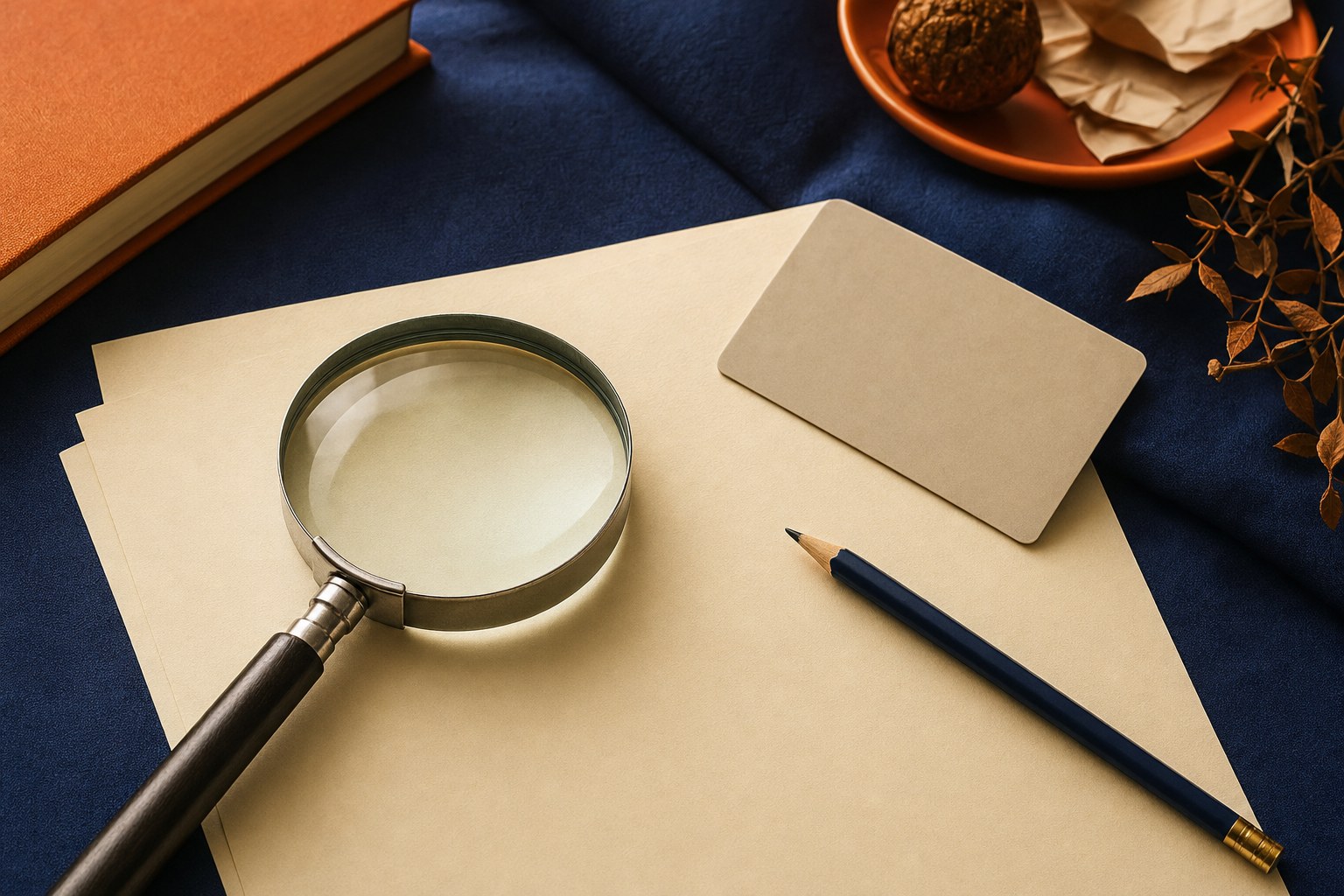 Magnifying glass, blank paper, and pencil on navy fabric