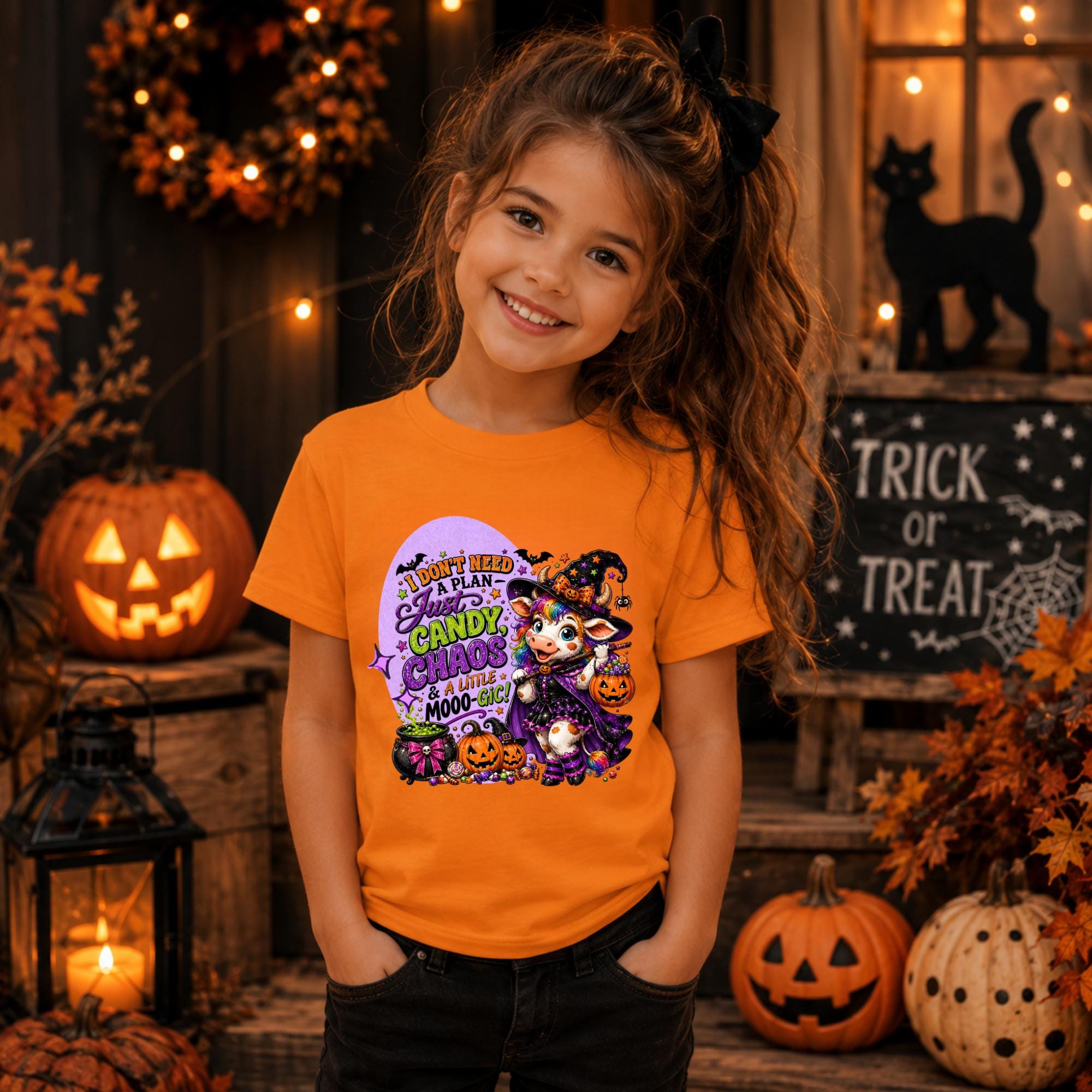 Kids Halloween Cow Shirt, Candy Chaos Witchy Moo-gic Tee