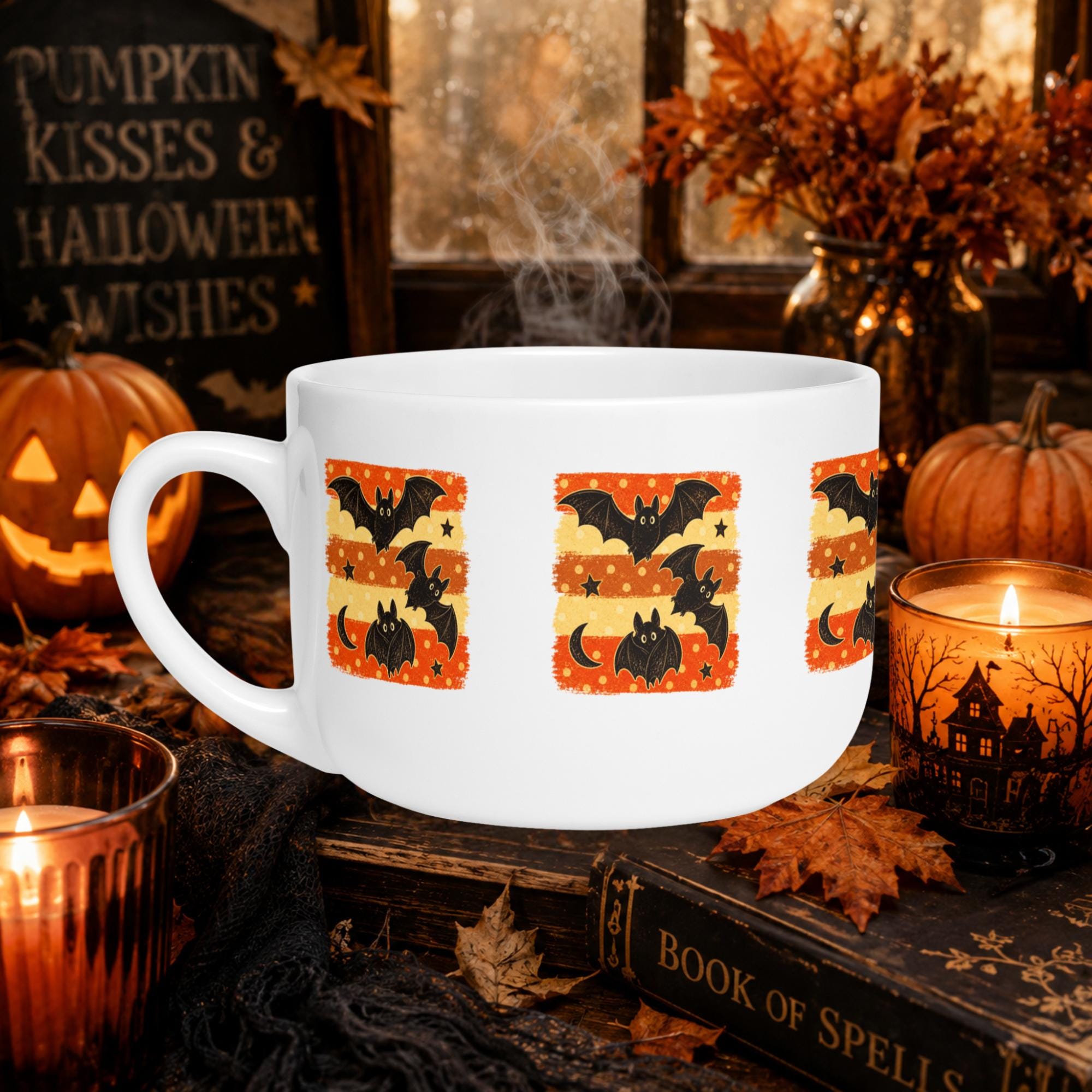 Vintage Bat Halloween Mug, 25oz Large Spooky Autumn Coffee Cup