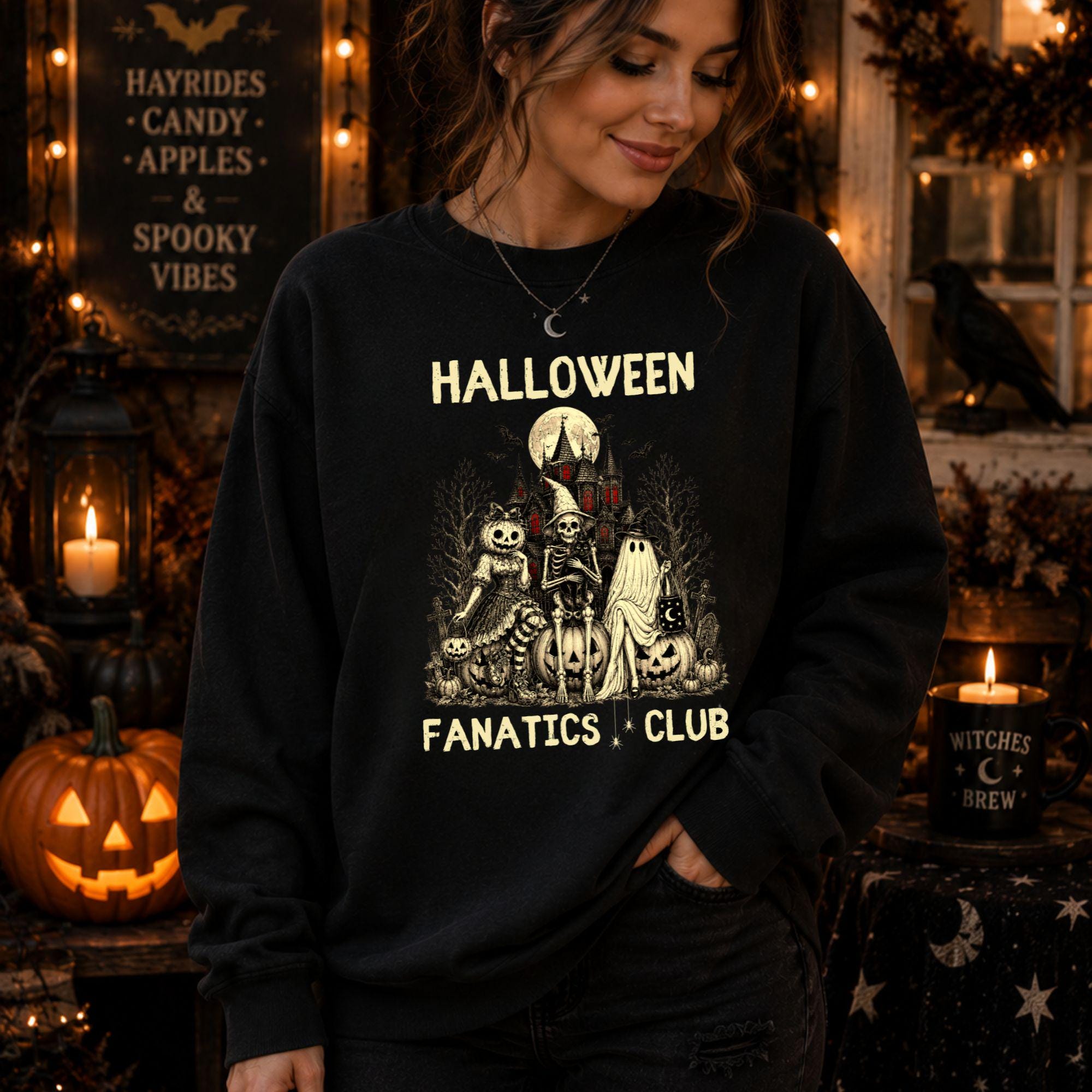 Halloween Fanatics Club Sweatshirt, Vintage Spooky Season Crewneck, Haunted Castle Pullover