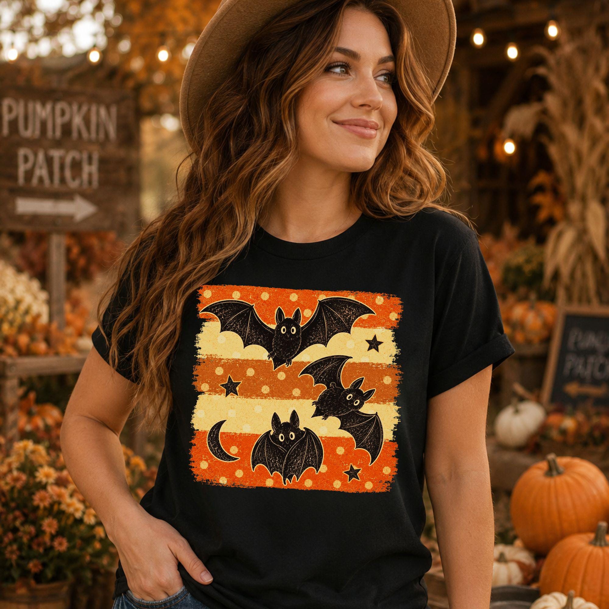 Vintage Halloween Bat Shirt, Retro Spooky Autumn Tee, Distressed Orange Cream Bats
