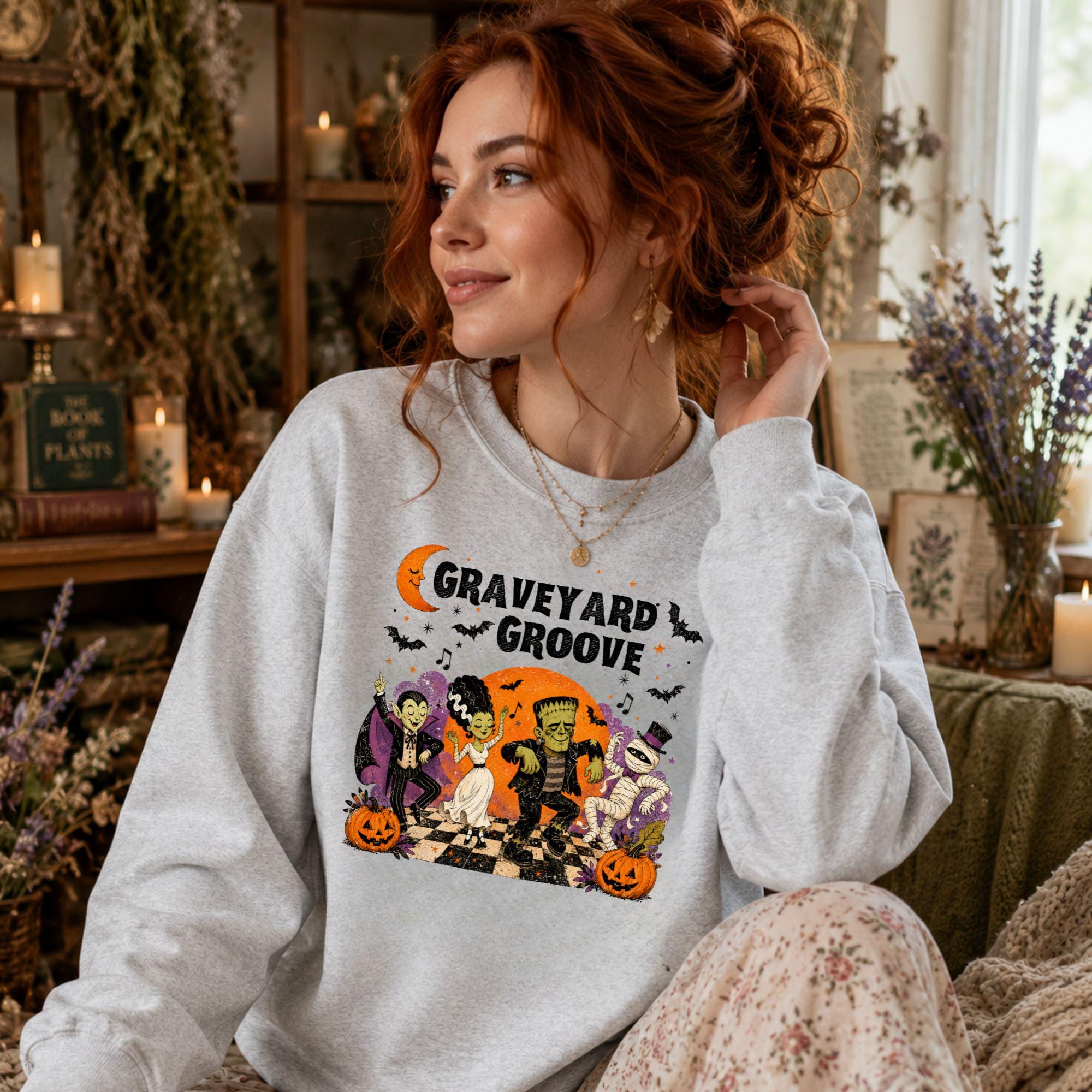 Graveyard Groove Halloween Sweatshirt, Vintage Dancing Monsters Crewneck, Spooky Fall Apparel