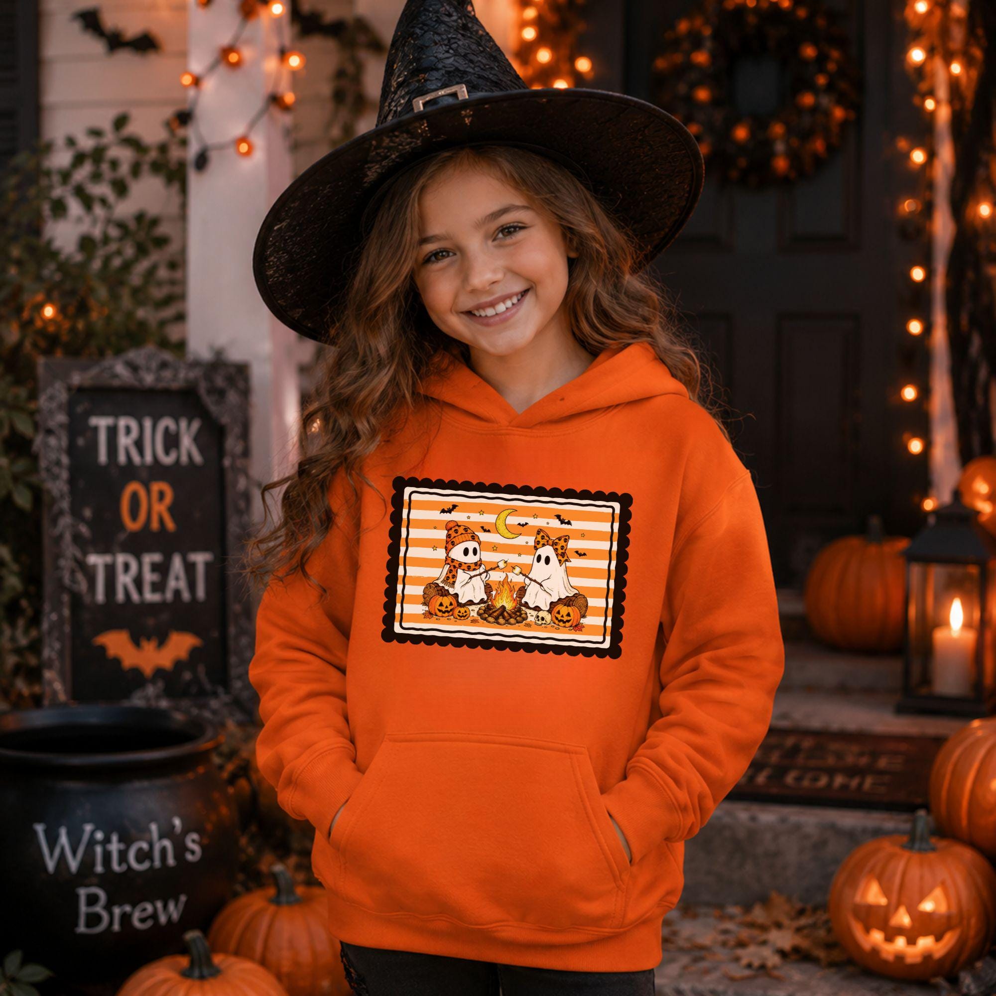 Kids Ghost Campfire Hoodie, Halloween Pumpkin Sweatshirt, Youth Fall Apparel