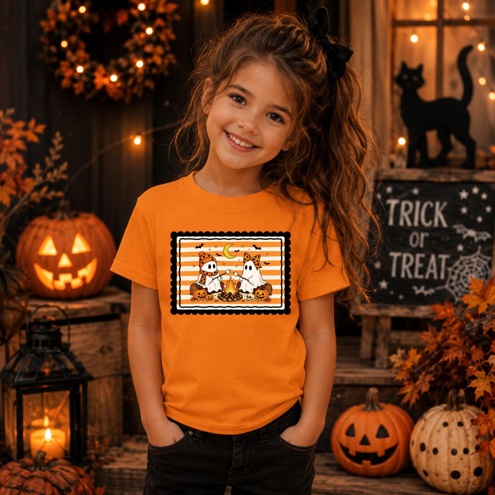 Kids Halloween Ghost Campfire T-Shirt, Spooky Pumpkin Youth Tee