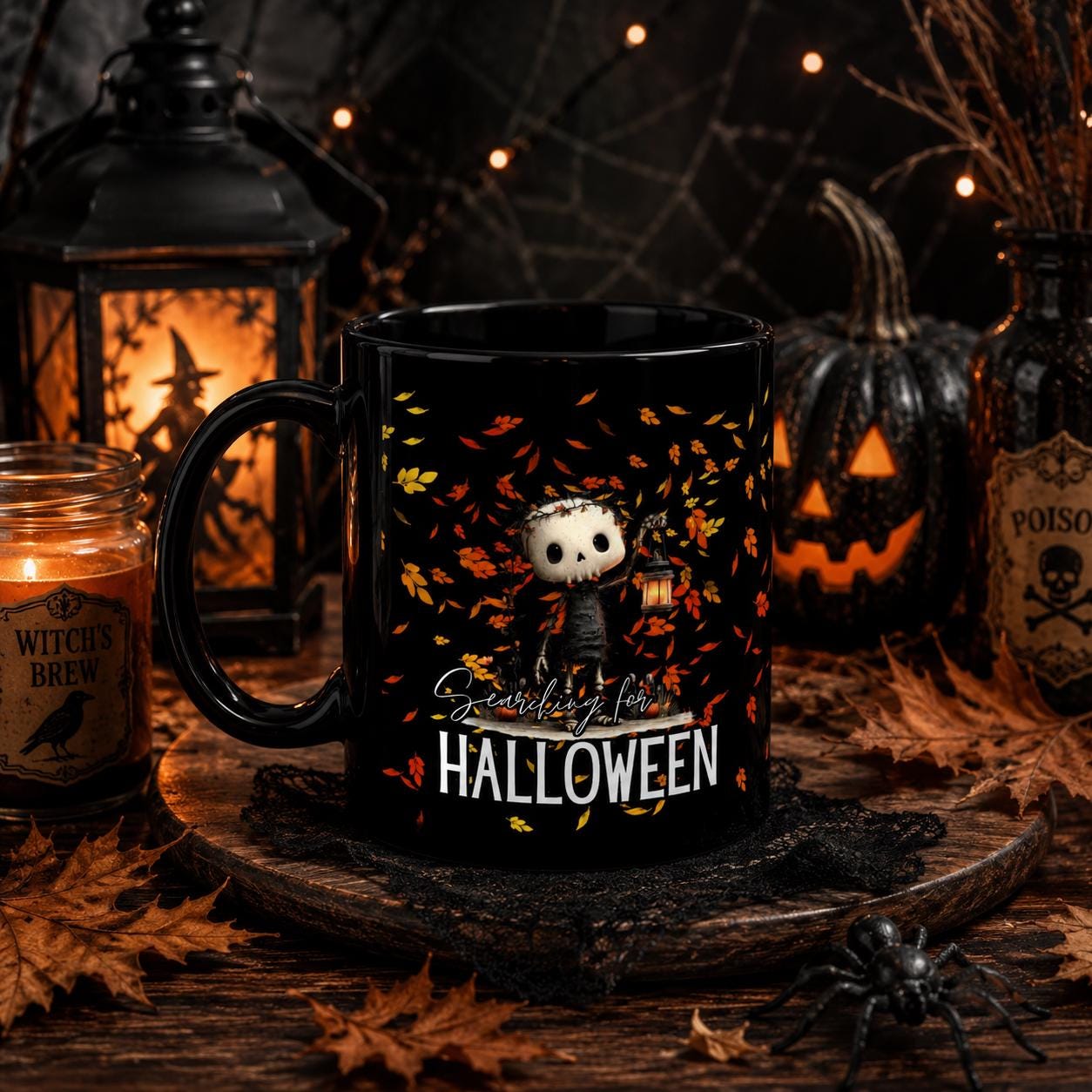 Black Ceramic Mug, Spooky Skeleton Lantern, Autumn Leaves Halloween Coffee Cup