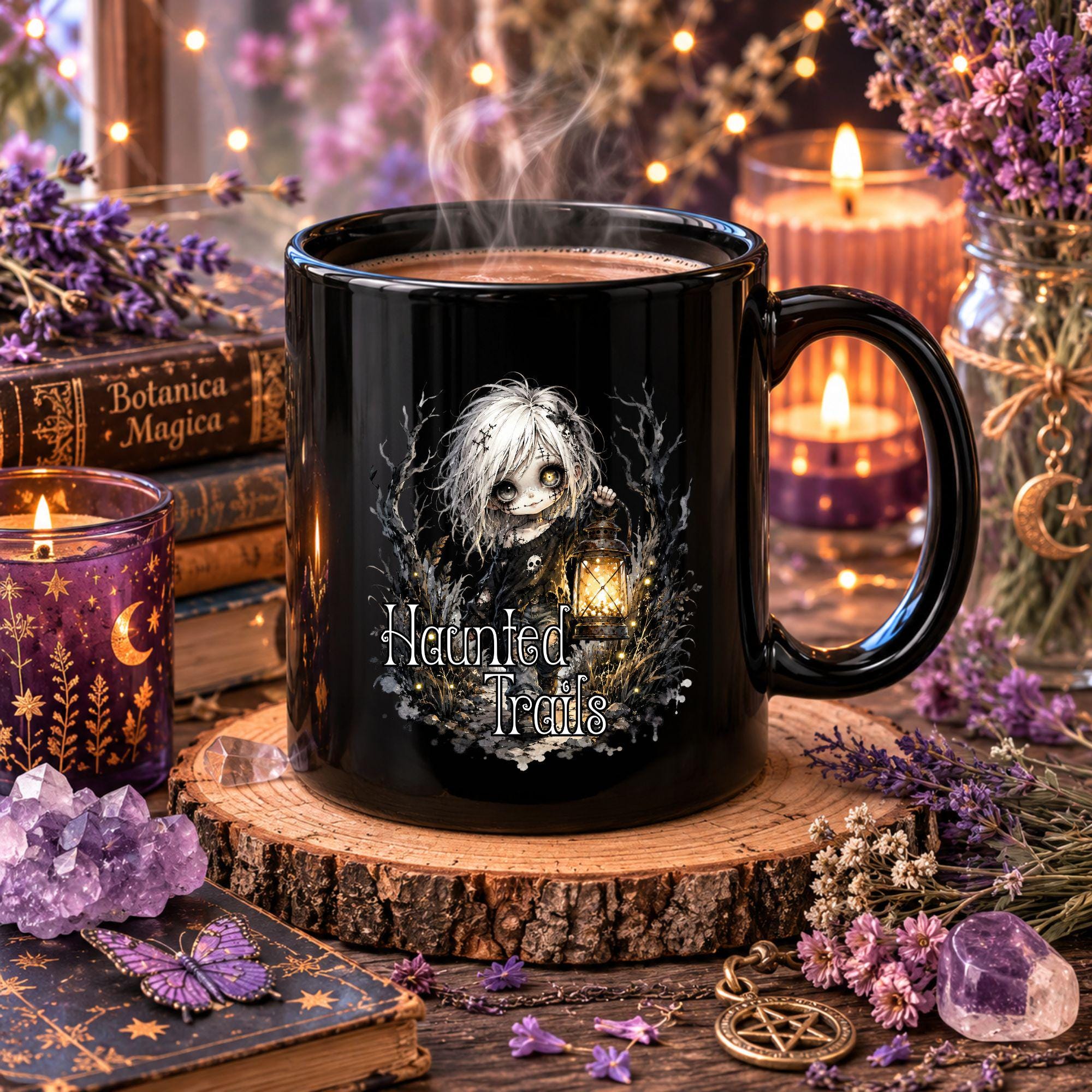 Haunted Trails Black Ceramic Mug, Gothic Halloween Coffee Tea Cup