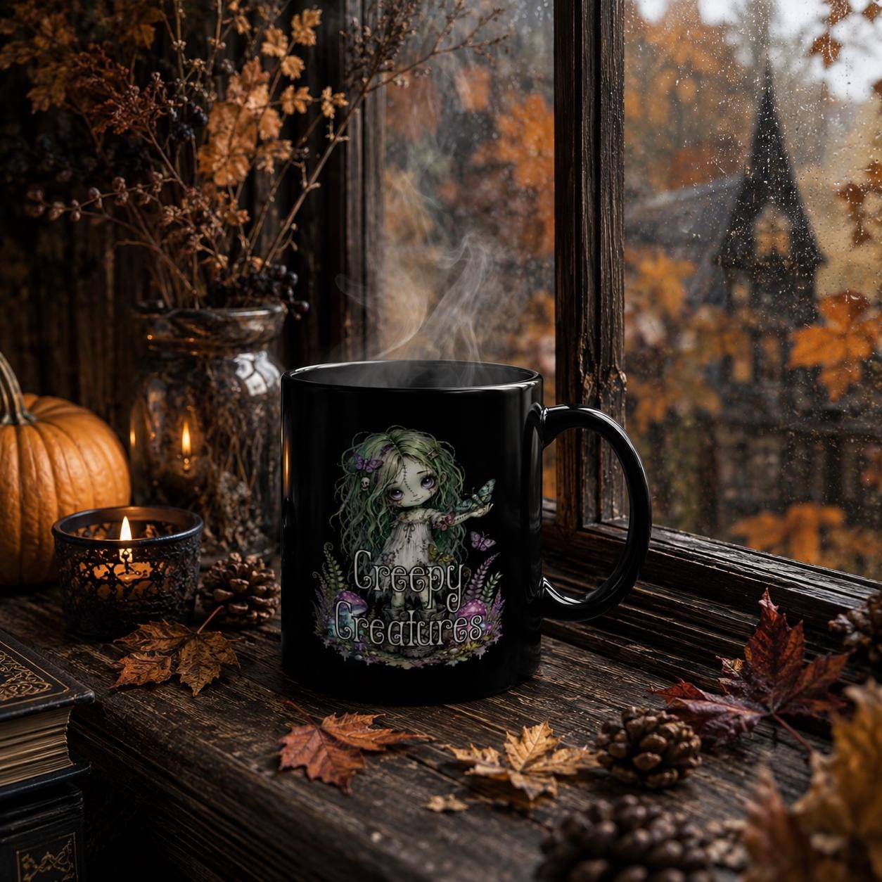 Creepy Creatures Black Ceramic Mug, Gothic Halloween Coffee Cup, Spooky Witchy Mug