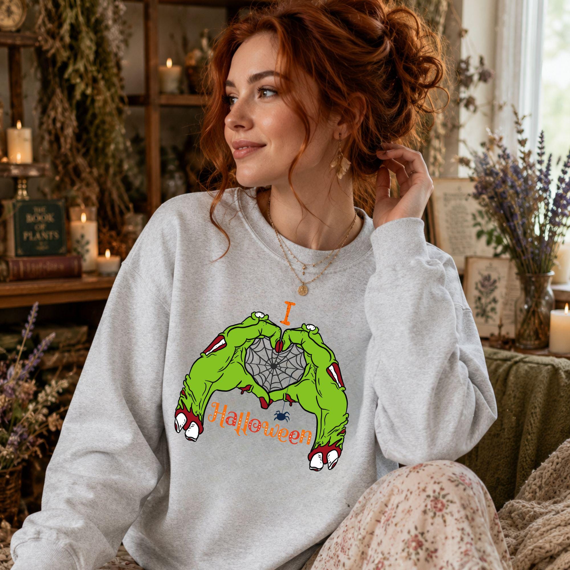 I Love Halloween Sweatshirt, Zombie Hand Heart Crewneck, Spooky Season Sweatshirt