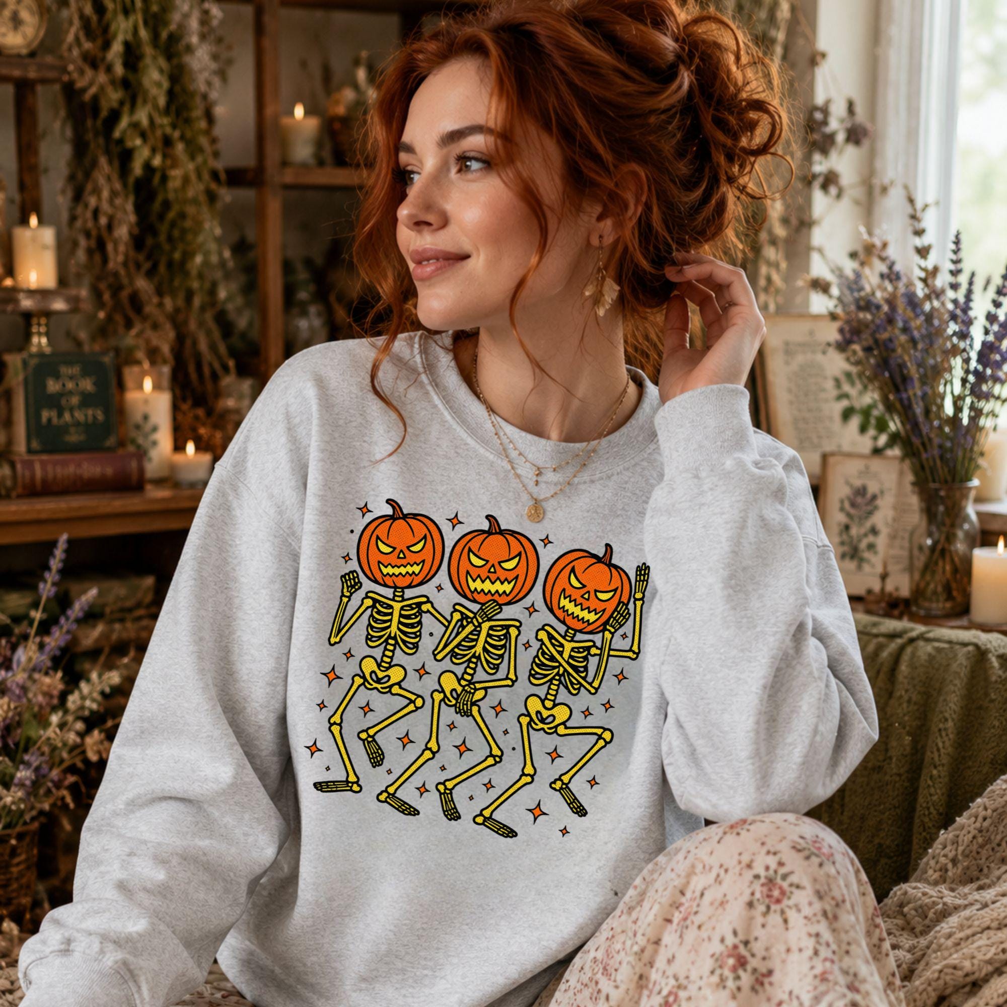 Pumpkin Skeleton Halloween Sweatshirt, Dancing Skeletons Spooky Season Crewneck