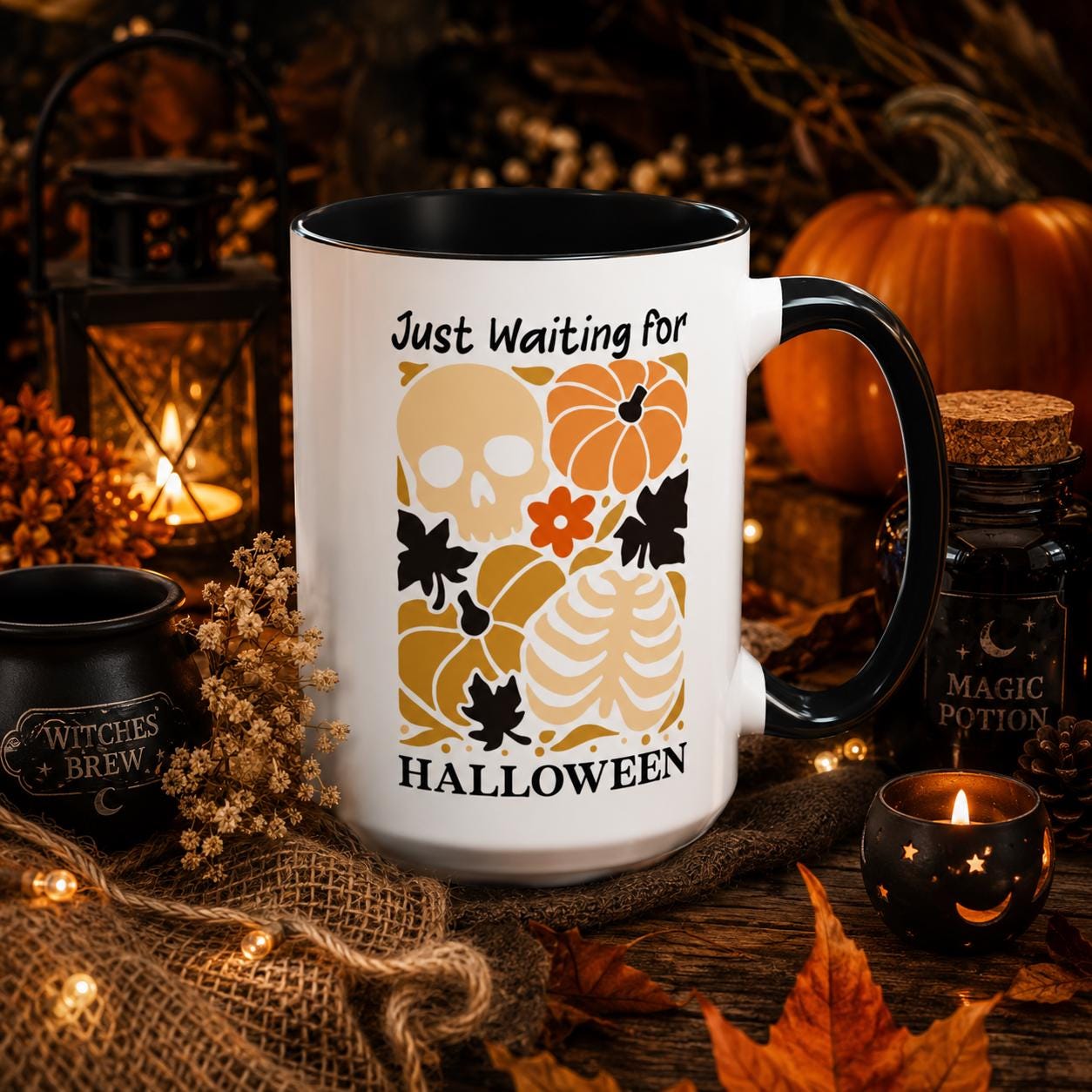 Halloween Skeleton Pumpkin Mug, Spooky Season Coffee Cup, Autumn Leaves Design