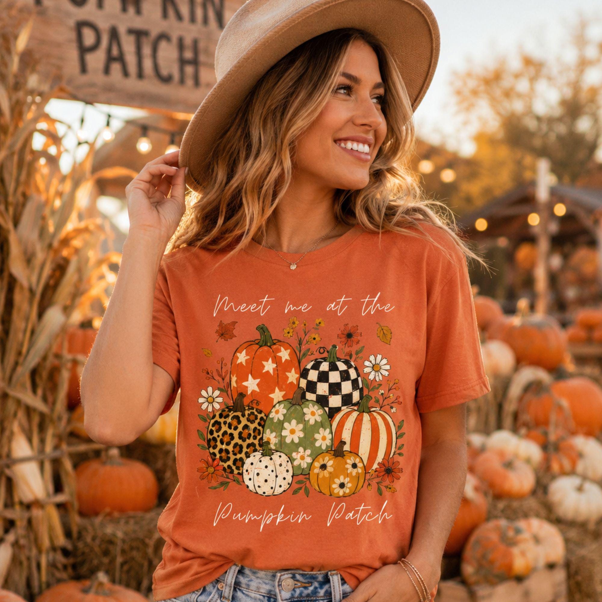 Meet Me at the Pumpkin Patch Graphic Tee, Autumn Floral Pumpkins Comfort Colors Shirt