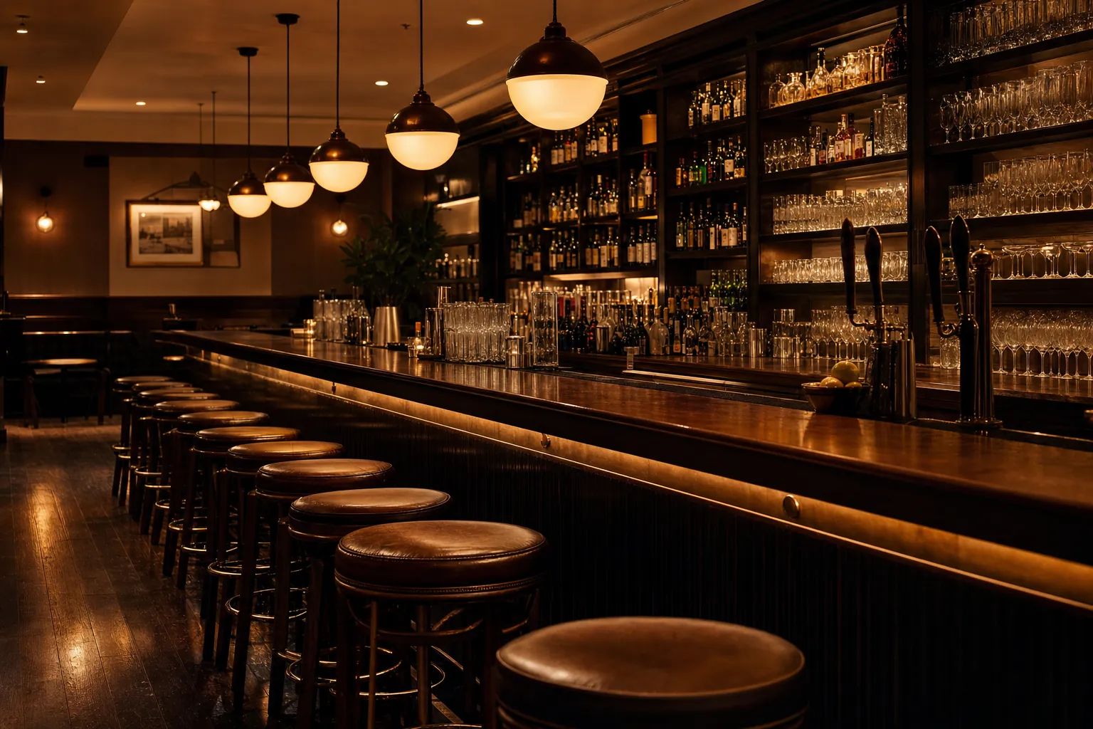 Empty restaurant bar with stools and neatly arranged glassware after closing