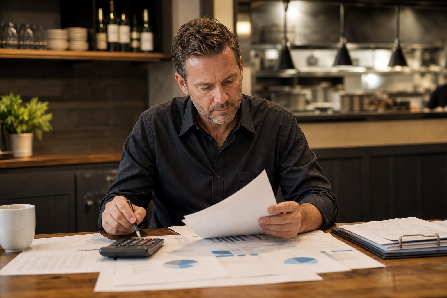 Restaurant owner reviewing sales and payroll records