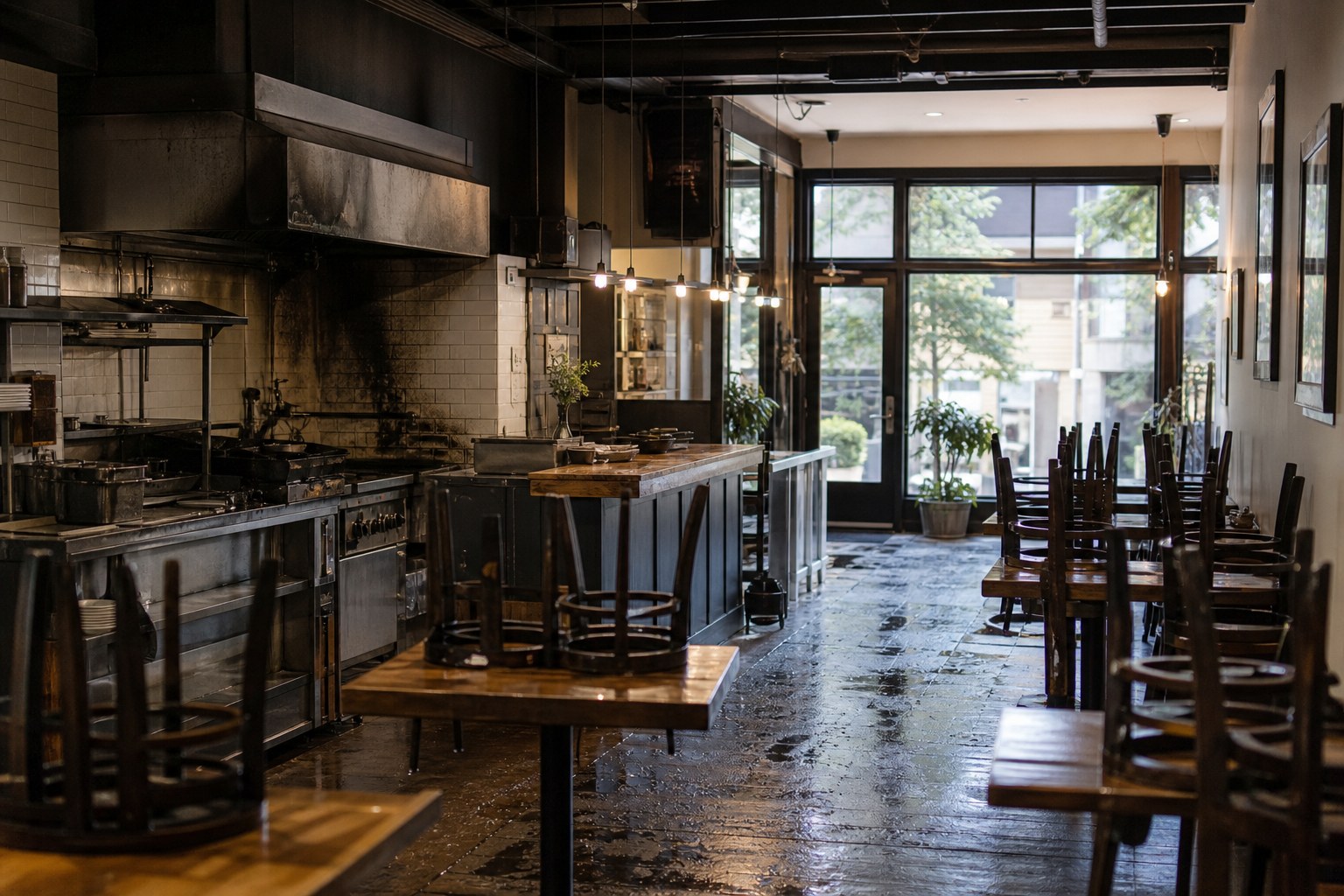 Quiet restaurant dining room and kitchen after a disruptive property loss