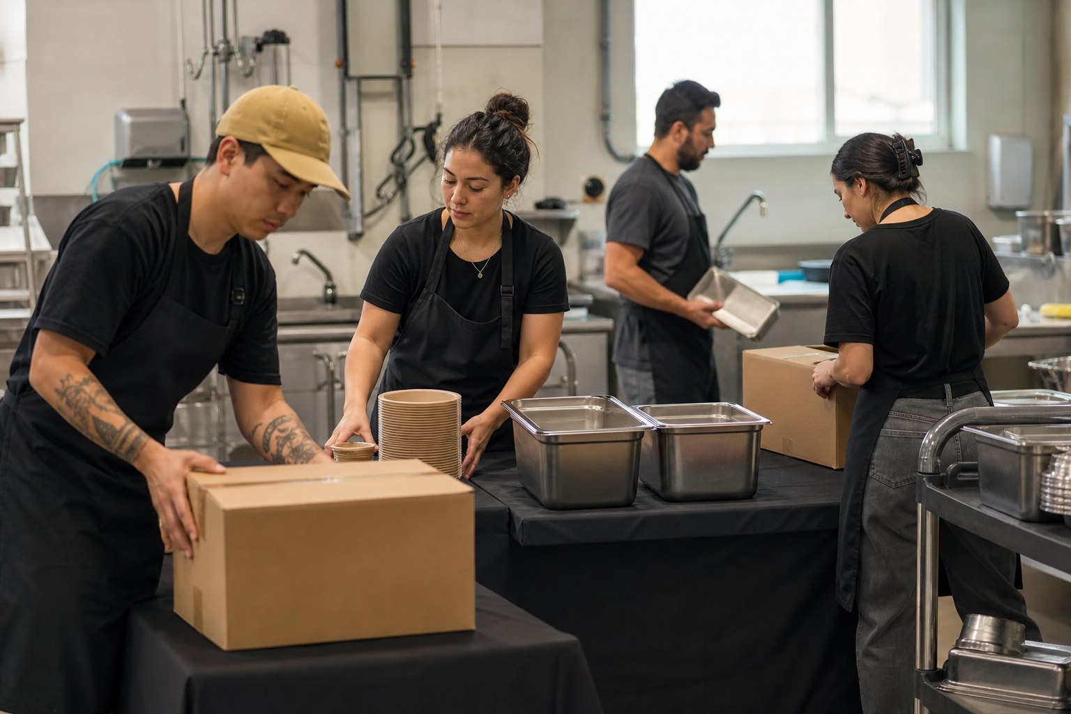 Restaurant team preparing temporary operations in a commercial kitchen