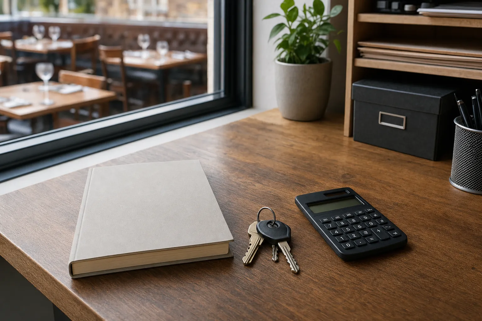 Restaurant office desk with a notebook, keys, and calculator