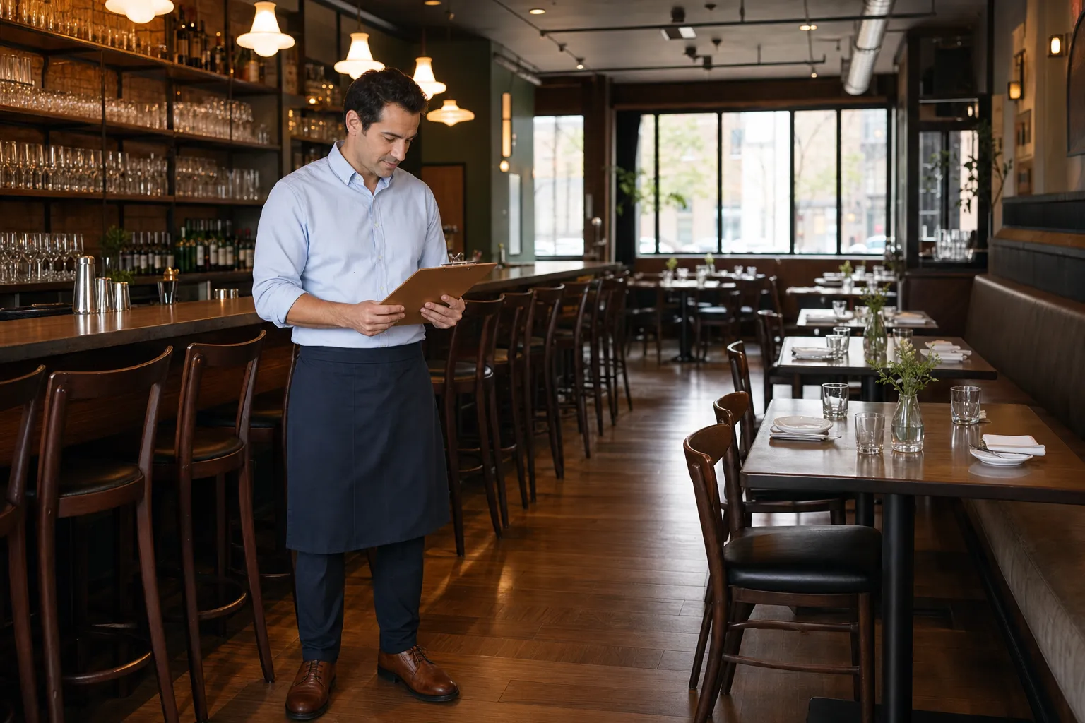 Restaurant manager reviewing operations at an Illinois bar before service