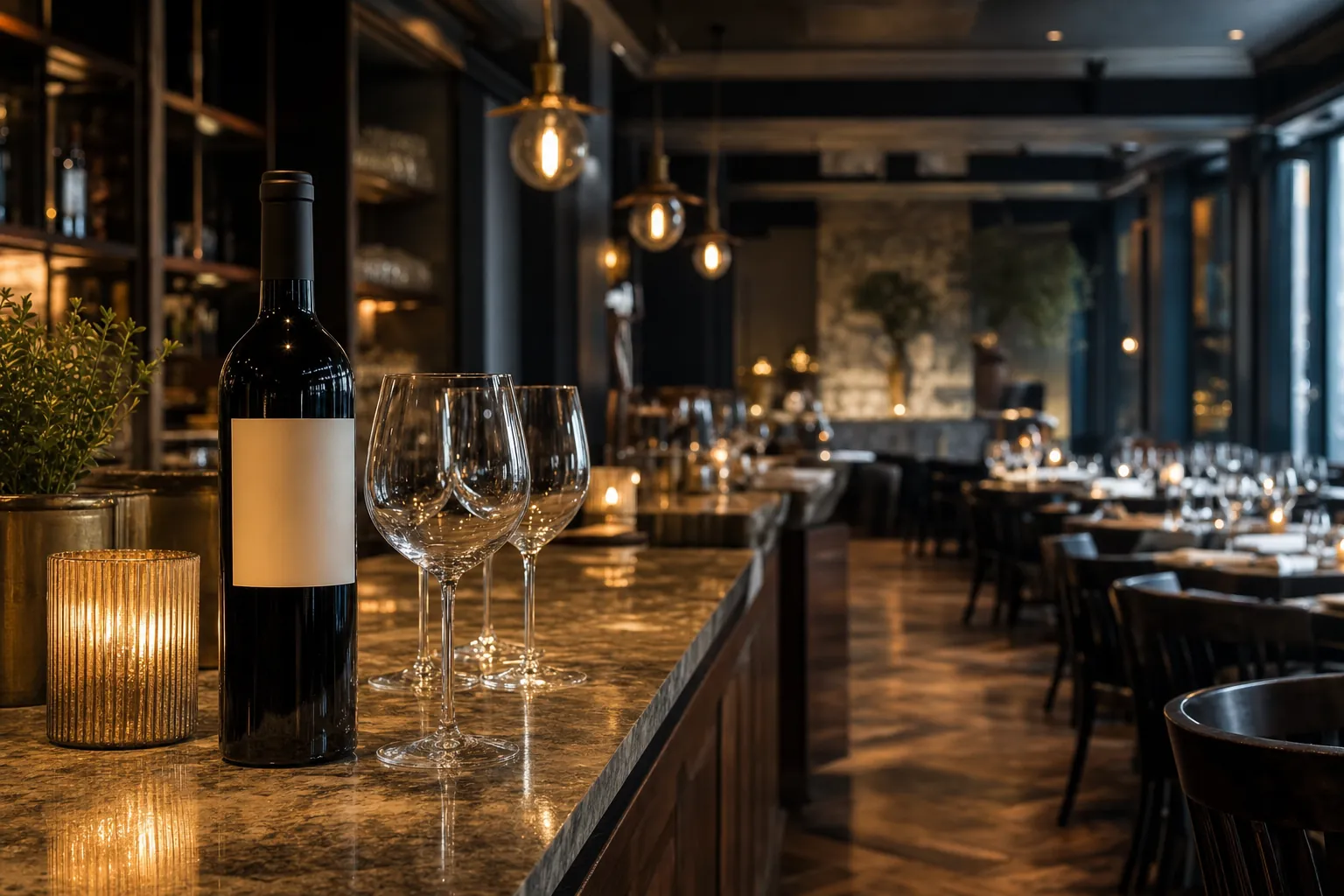 Wine bottle and glassware at a restaurant bar set for dinner service