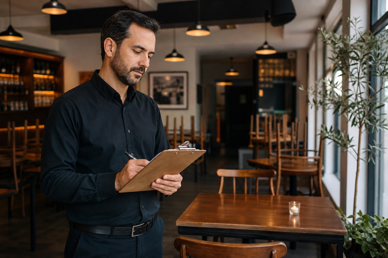 Restaurant manager reviewing a closing checklist in a tidy dining room after service
