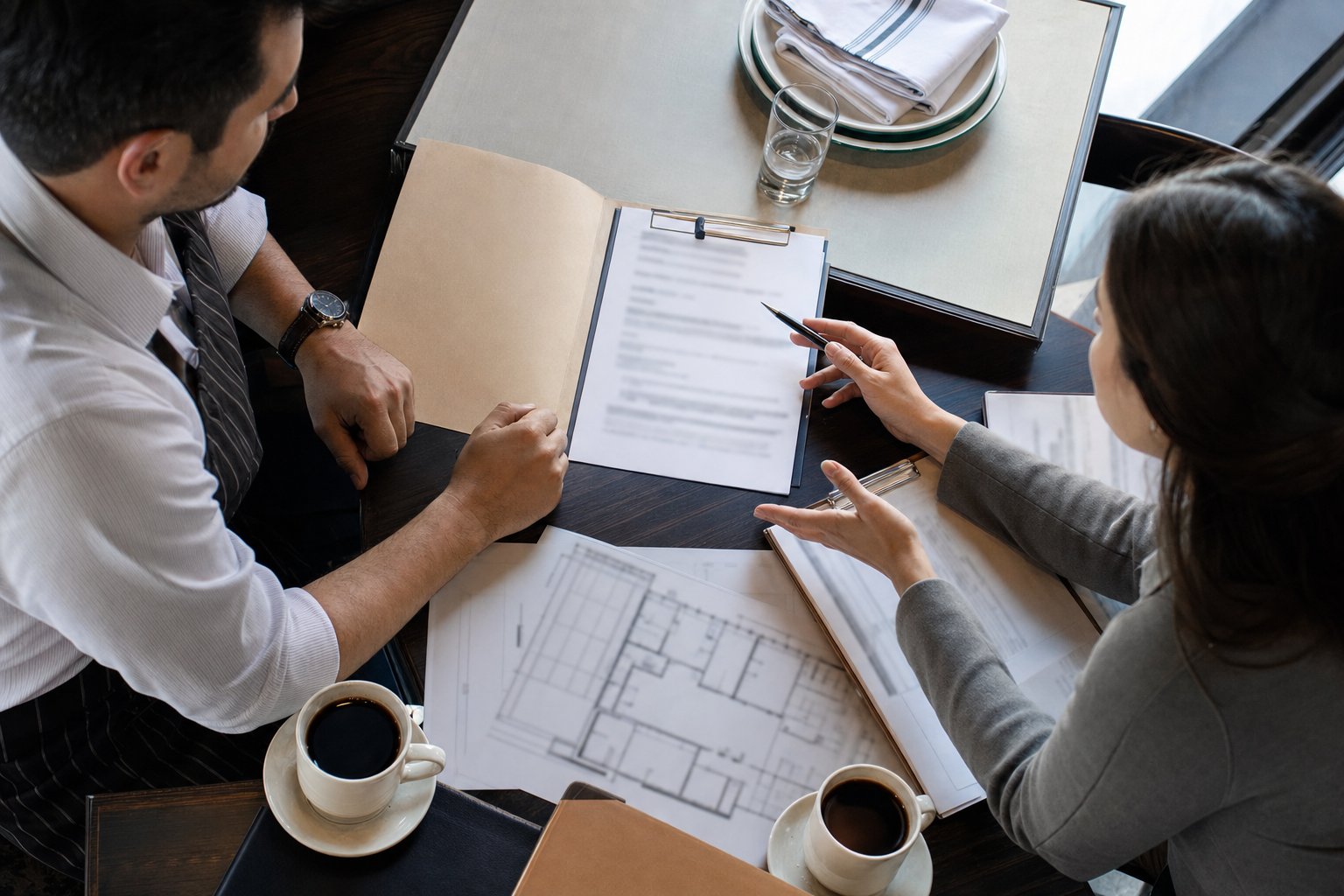 Restaurant owner and advisor reviewing lease documents and floor plans