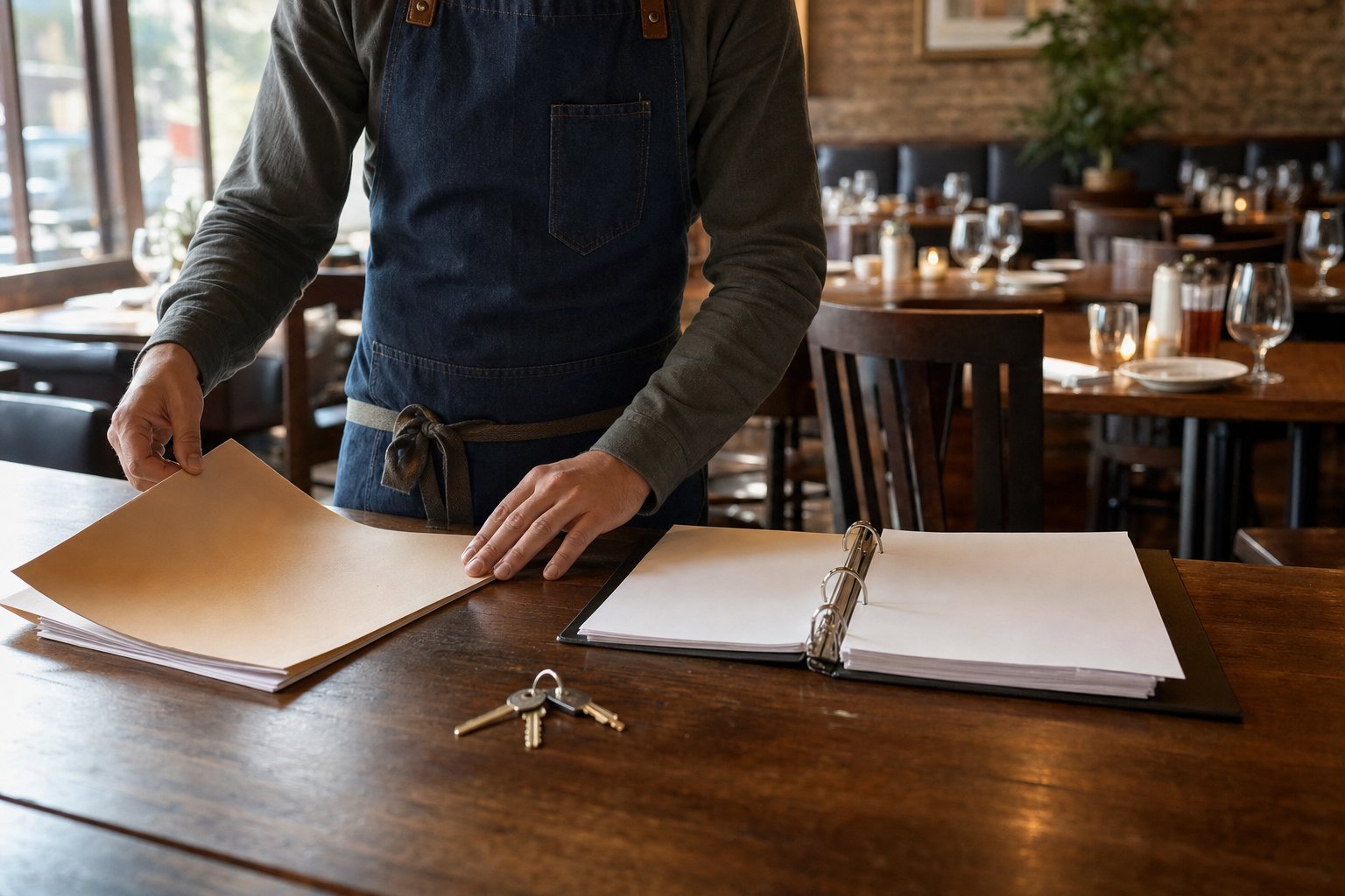 Restaurant owner reviewing insurance documents and keys before opening