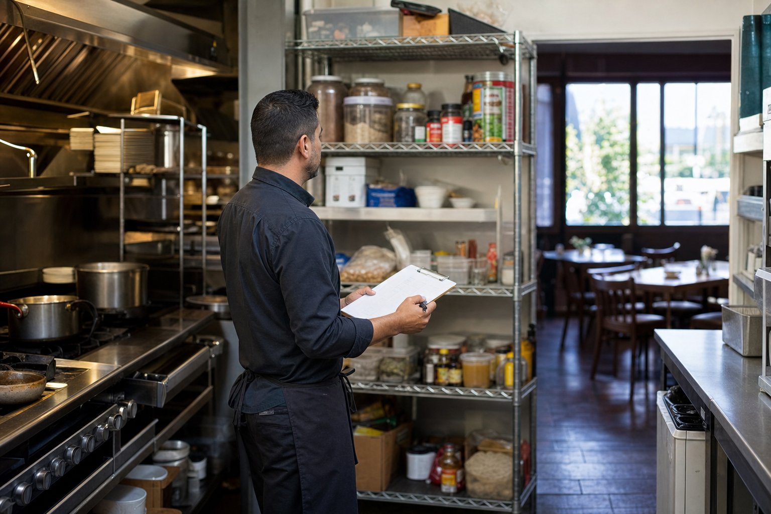 Restaurant manager reviewing the kitchen and dining room before service