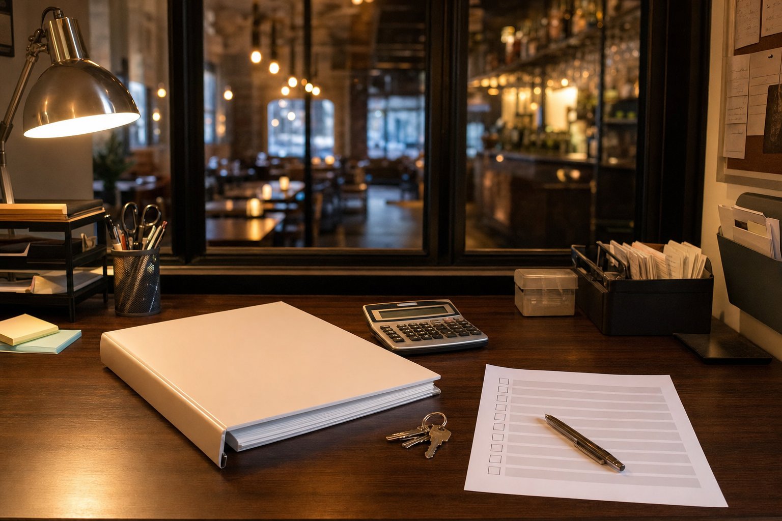 Organized restaurant office desk prepared for an insurance renewal review