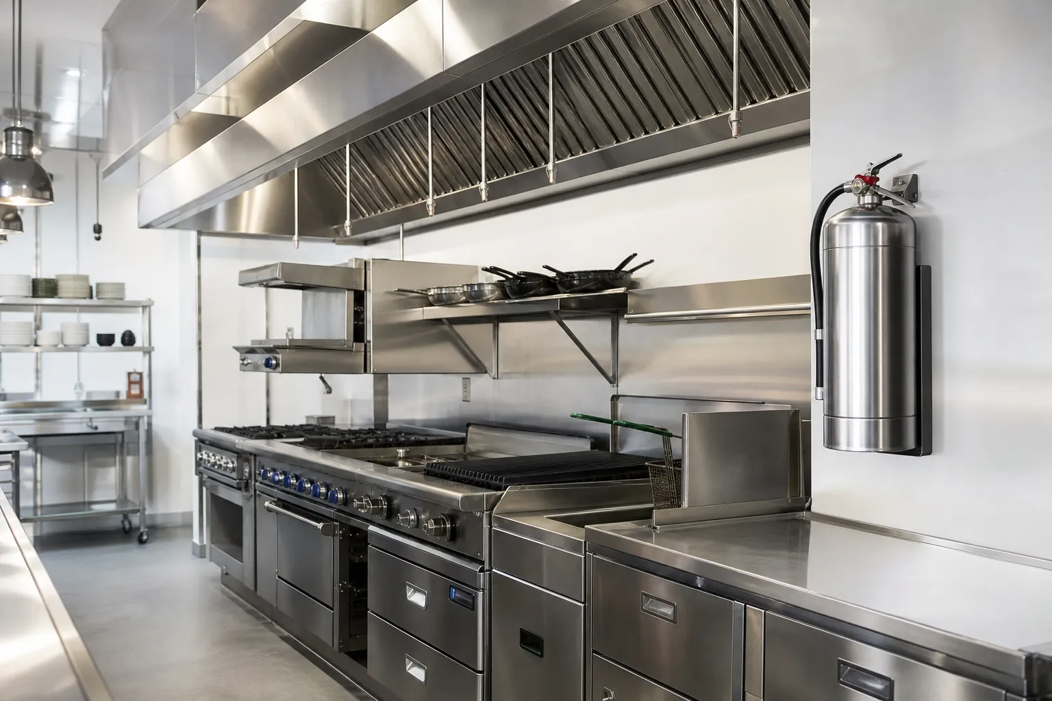 Clean commercial restaurant kitchen with a maintained hood and cooking line