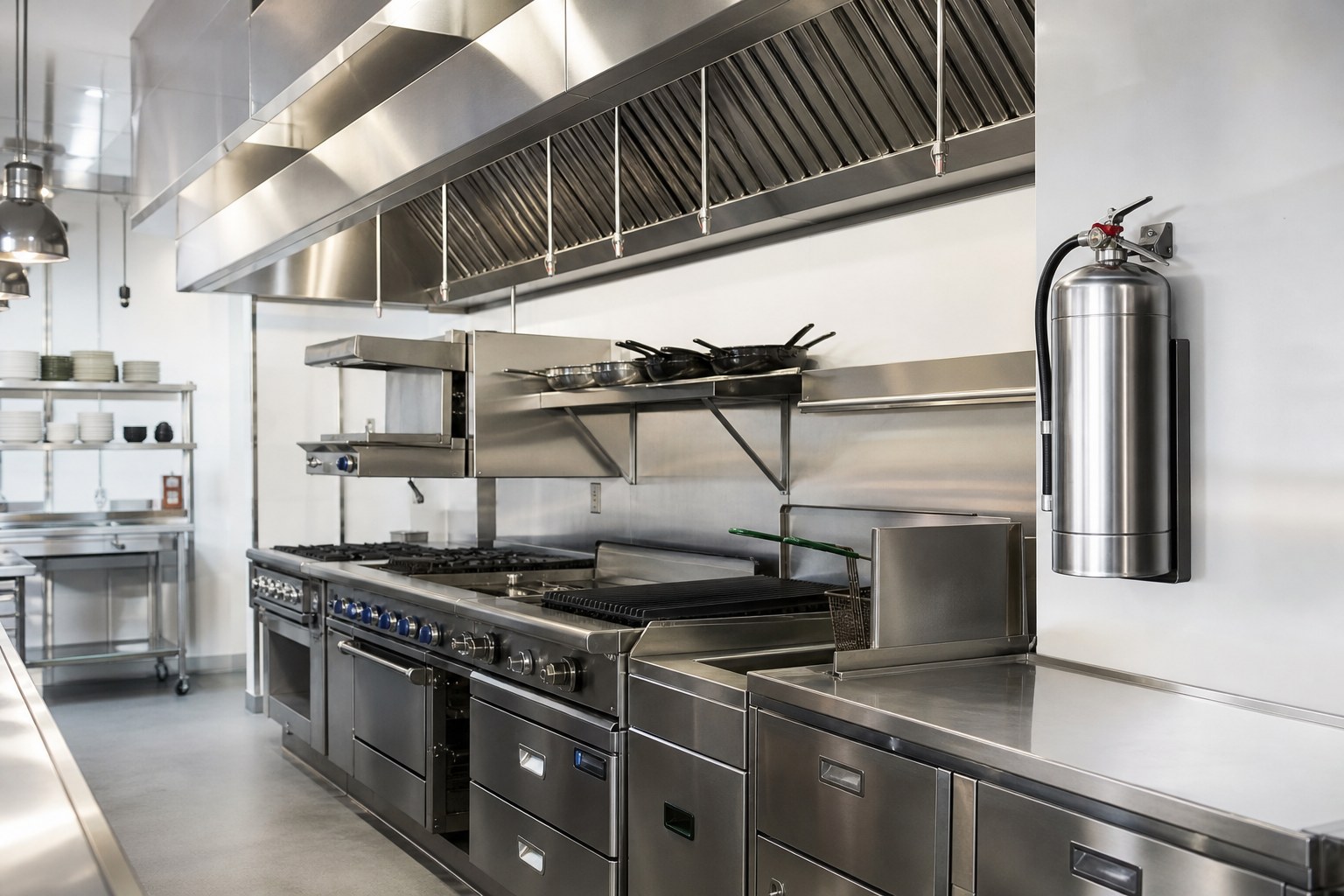 Clean commercial restaurant kitchen with a maintained hood and cooking line