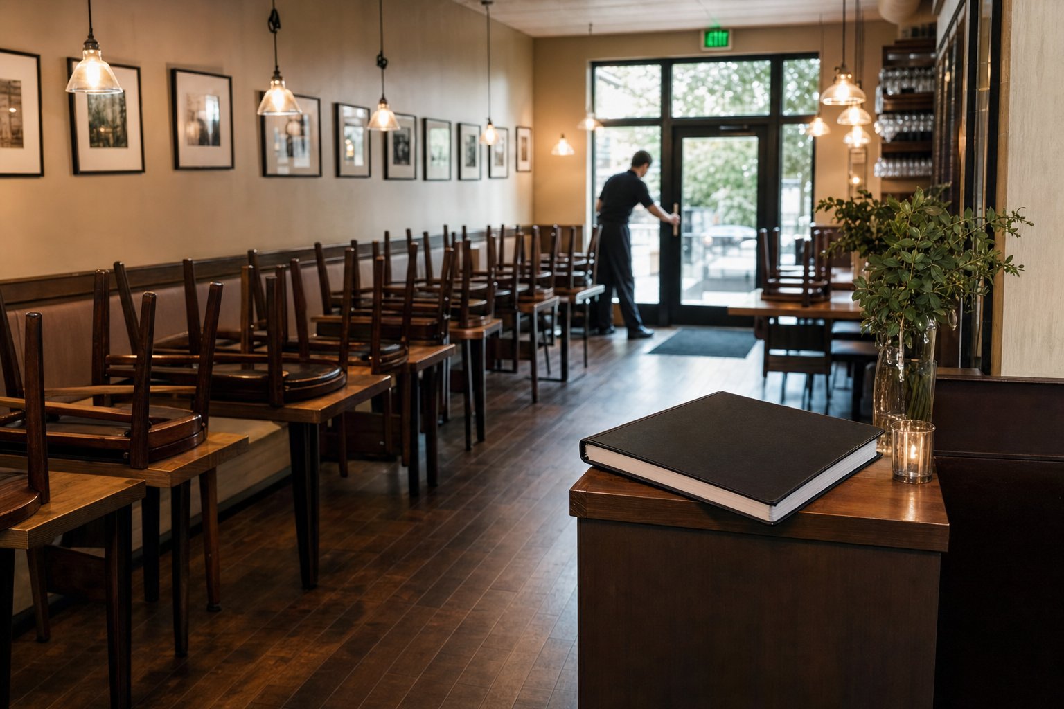 Restaurant dining room at closing with a clear exit path