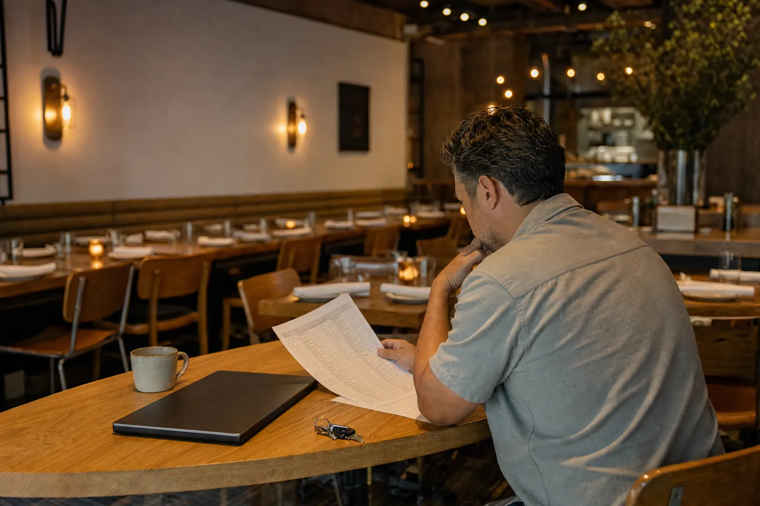 Restaurant owner reviewing an operations checklist in the dining room before service