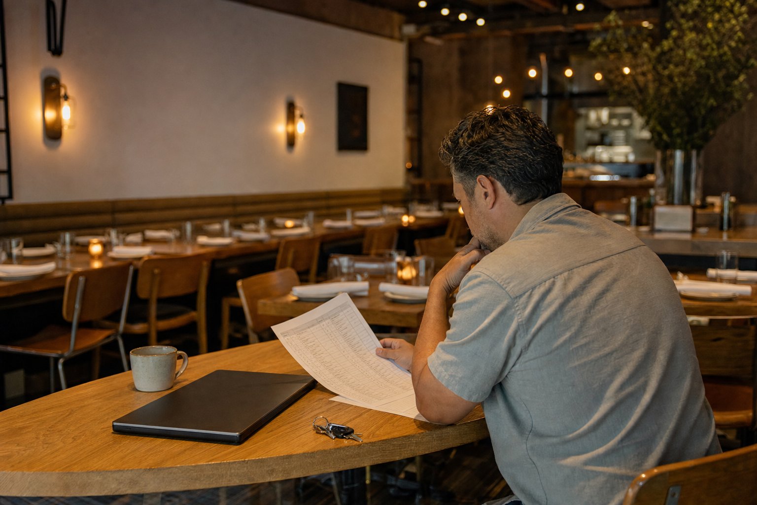 Restaurant owner reviewing an operations checklist in the dining room before service