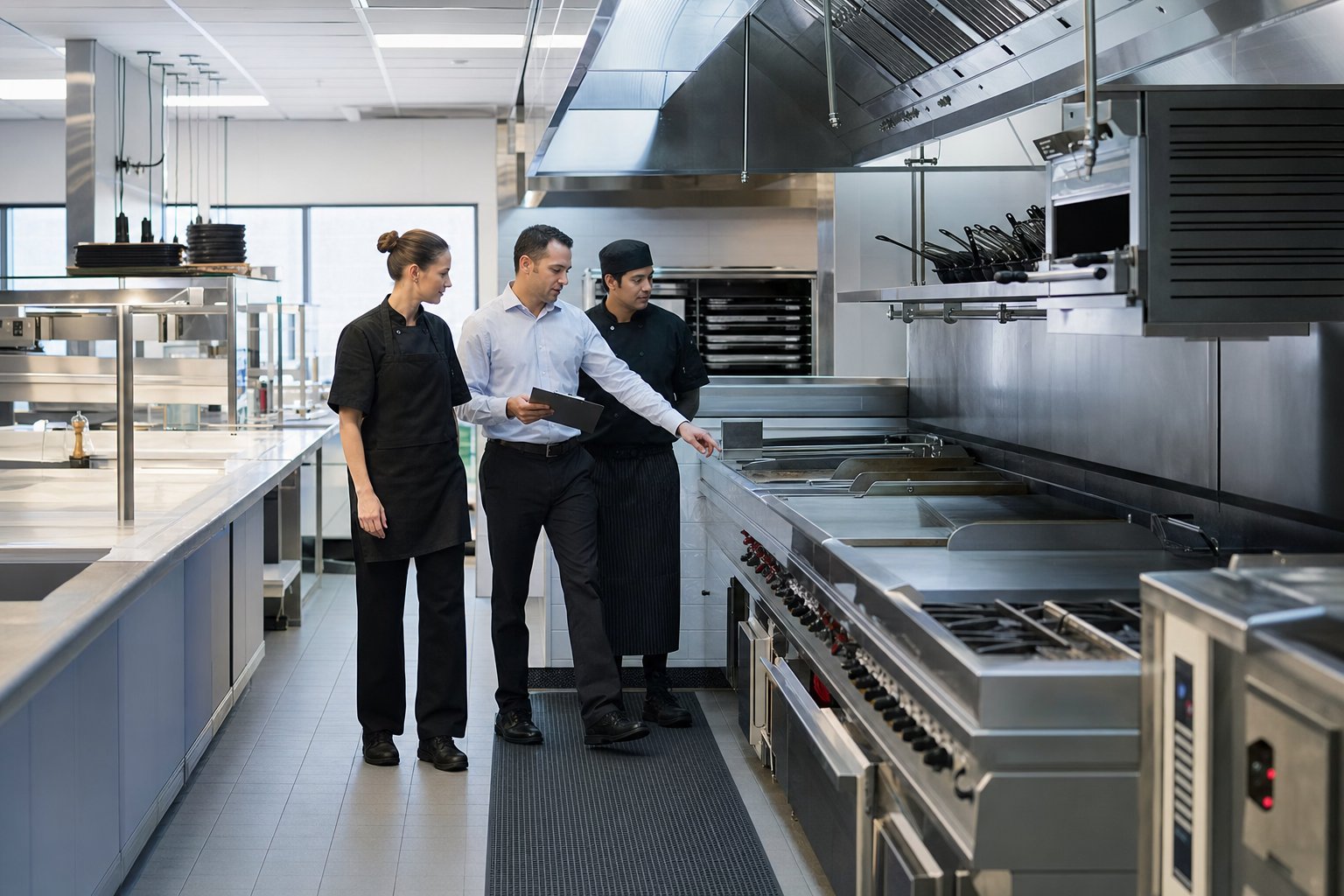 Restaurant manager and team reviewing the kitchen before service