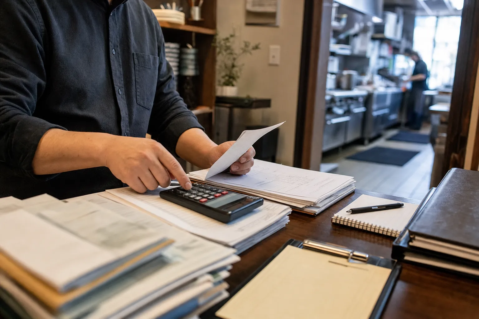 Restaurant manager organizing notes and operating records at a desk