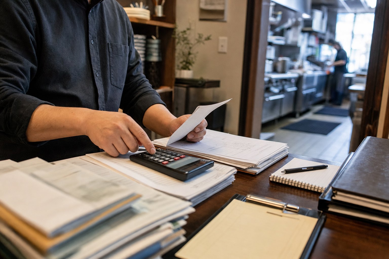 Restaurant manager organizing operating records and invoices