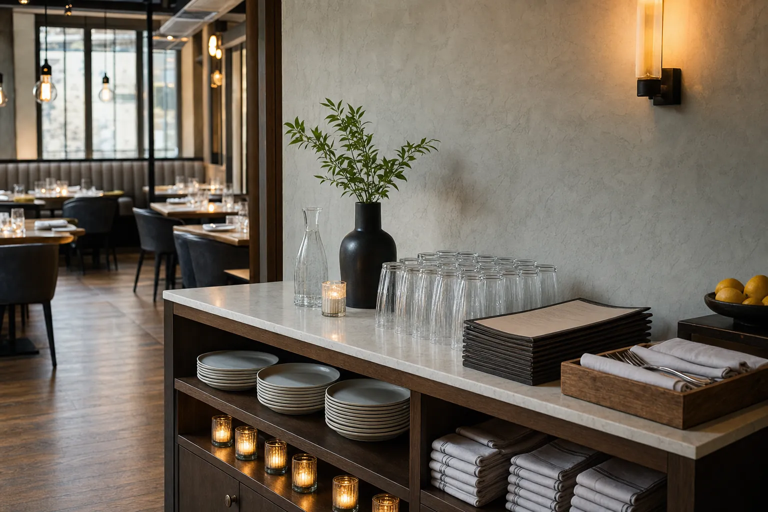 Organized restaurant side station prepared for service