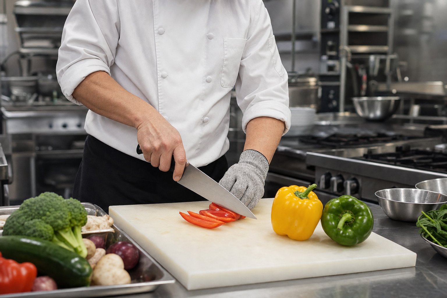 Chef using safe knife technique and a cut-resistant glove during prep