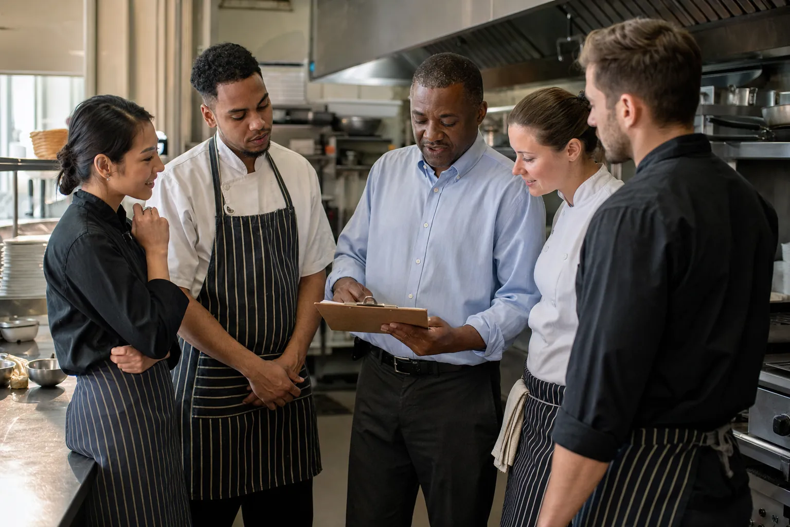 Restaurant manager reviewing safety practices with the kitchen team before service