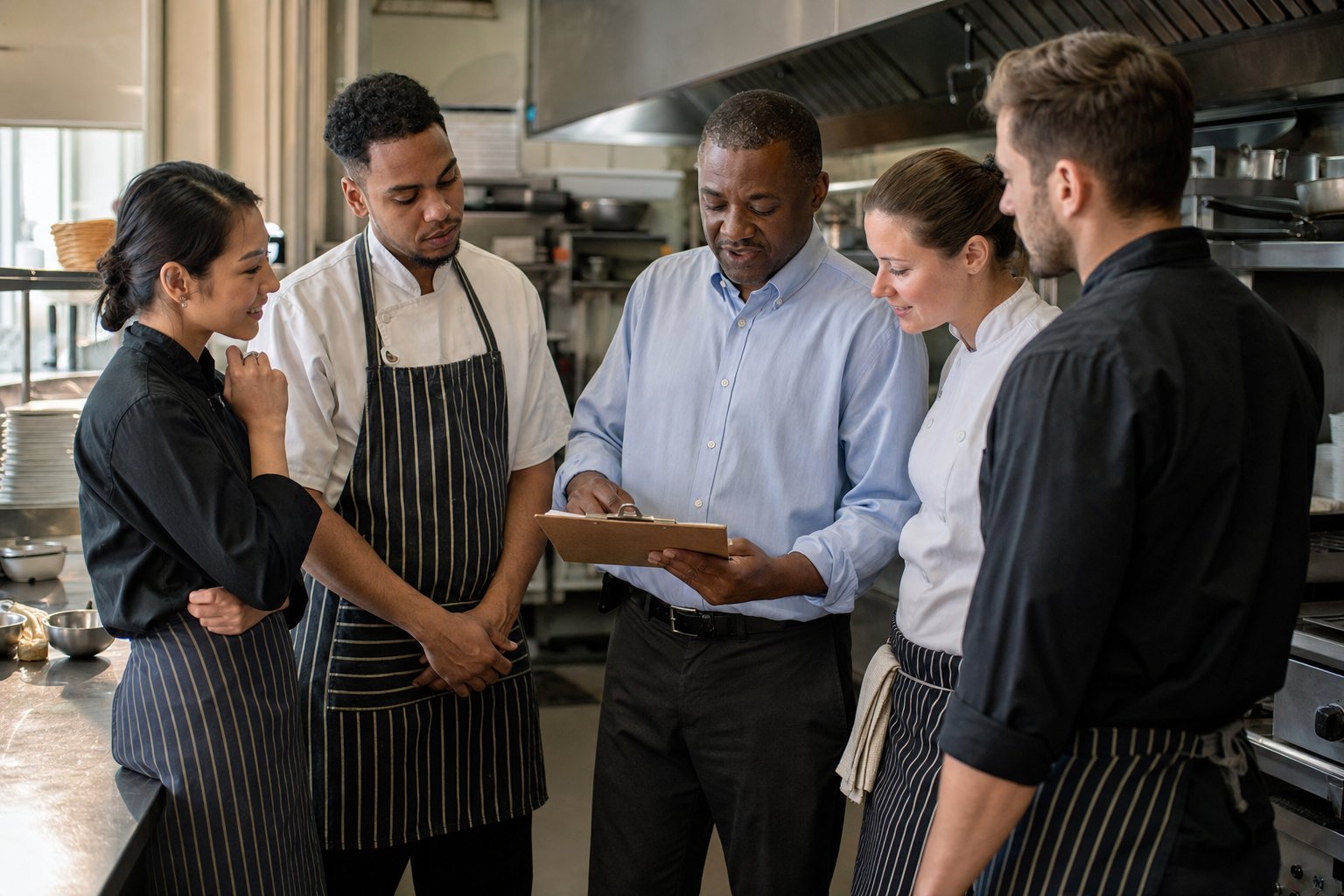 Restaurant manager reviewing safety practices with the kitchen team before service