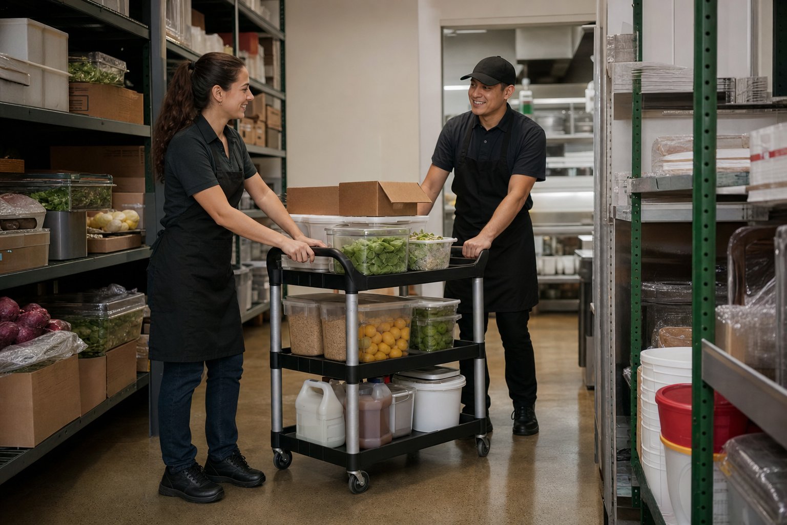 Restaurant employees using a wheeled cart to move supplies in a storeroom