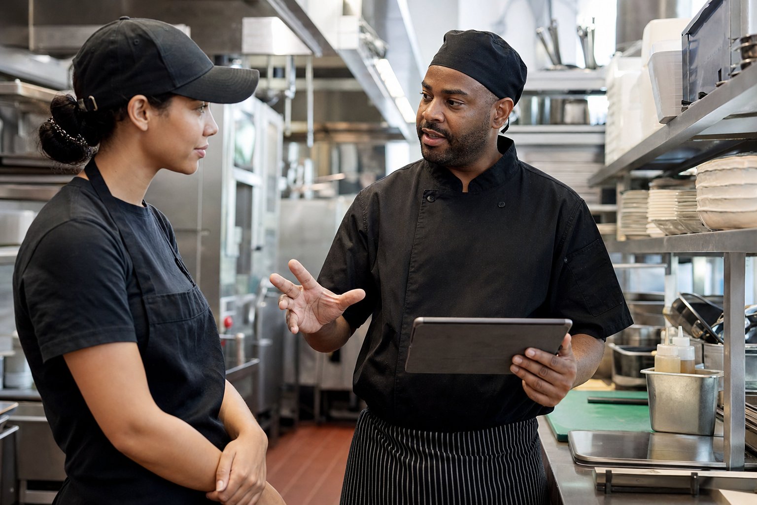 Restaurant manager providing a new employee with a practical kitchen safety orientation