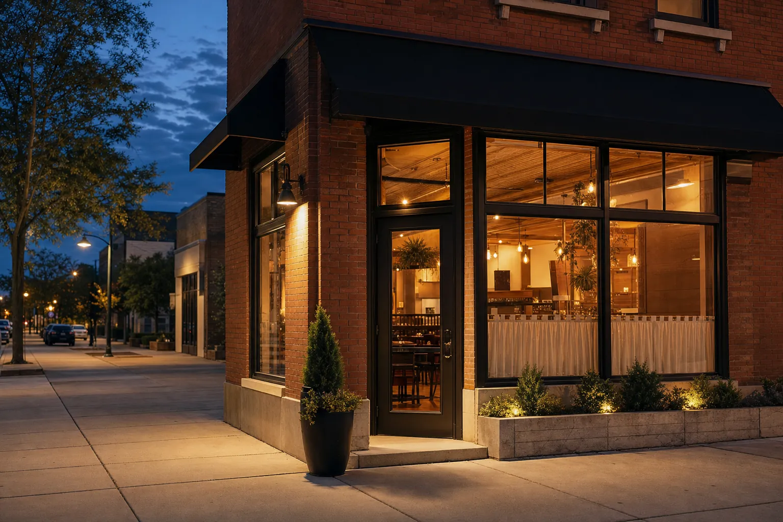 Independent neighborhood restaurant exterior at dusk